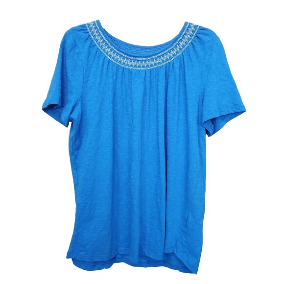 TALBOTS Plus 100% Cotton Slub Knit Blue Smocked Neck Short Sleeve Blouse Size 1X - Picture 1 of 5